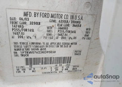 2003 Ford F-150 Lariat/Xlt из США, поврежденный, VIN 1FTRW07623KD95050